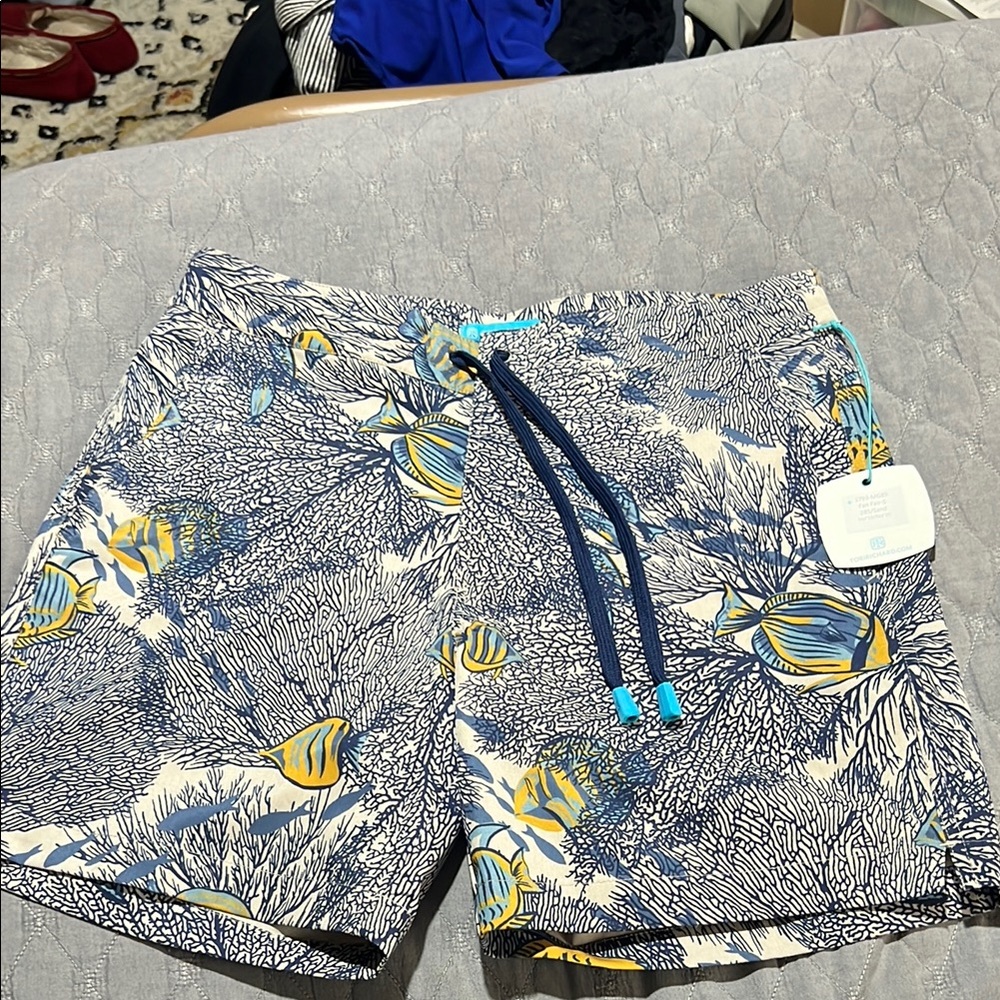 Tori Richard Blue Yellow Swim Trunks Tropical Design